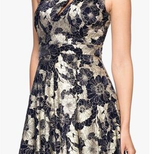 Betsy and Adam Elegant Navy and Gold Floral Dress